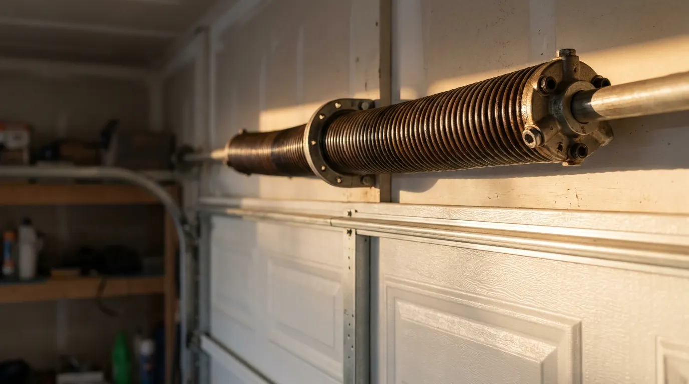 Garage door torsion spring mounted above the door